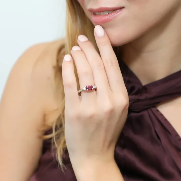 Rings BERRICLE 3Stone EastWest Red Oval CZ Ring in Sterling Silver 12ct