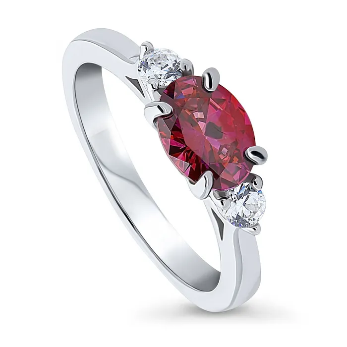 Rings BERRICLE 3Stone EastWest Red Oval CZ Ring in Sterling Silver 12ct