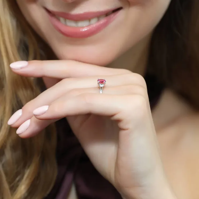 Rings BERRICLE 3Stone EastWest Red Oval CZ Ring in Sterling Silver 12ct