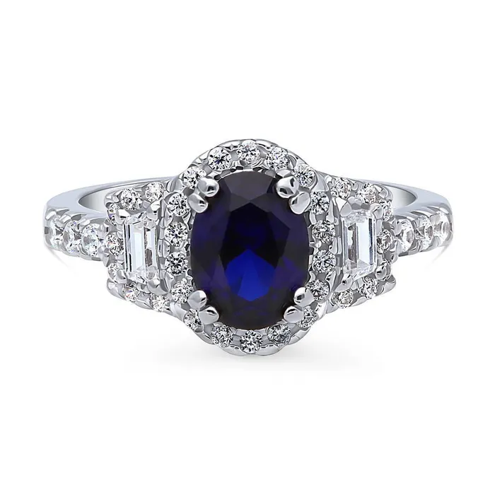 Rings BERRICLE 3Stone Halo Simulated Blue Sapphire CZ Ring in Sterling Silver
