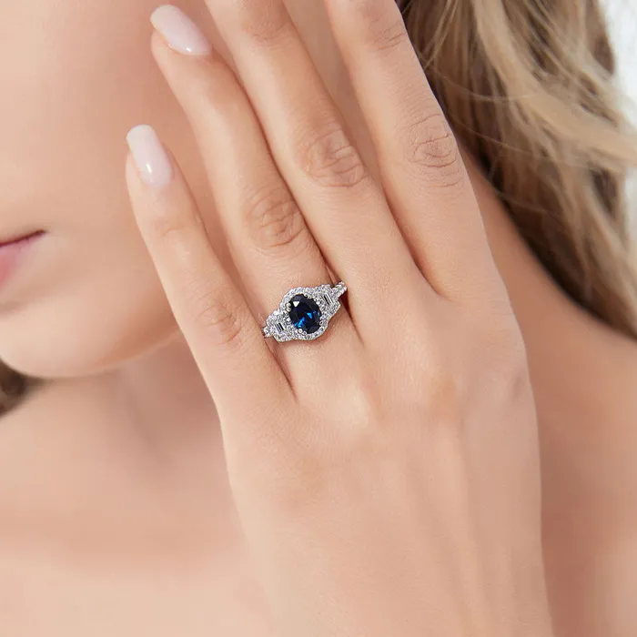 Rings BERRICLE 3Stone Halo Simulated Blue Sapphire CZ Ring in Sterling Silver