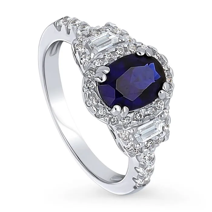 Rings BERRICLE 3Stone Halo Simulated Blue Sapphire CZ Ring in Sterling Silver