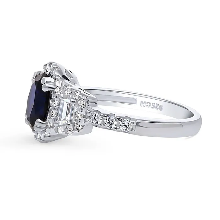 Rings BERRICLE 3Stone Halo Simulated Blue Sapphire CZ Ring in Sterling Silver