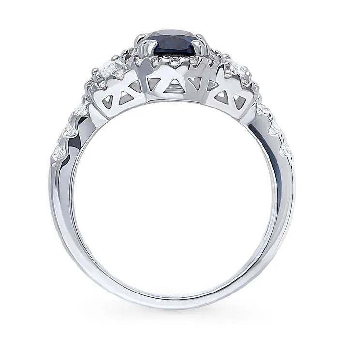 Rings BERRICLE 3Stone Halo Simulated Blue Sapphire CZ Ring in Sterling Silver