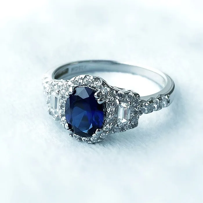 Rings BERRICLE 3Stone Halo Simulated Blue Sapphire CZ Ring in Sterling Silver