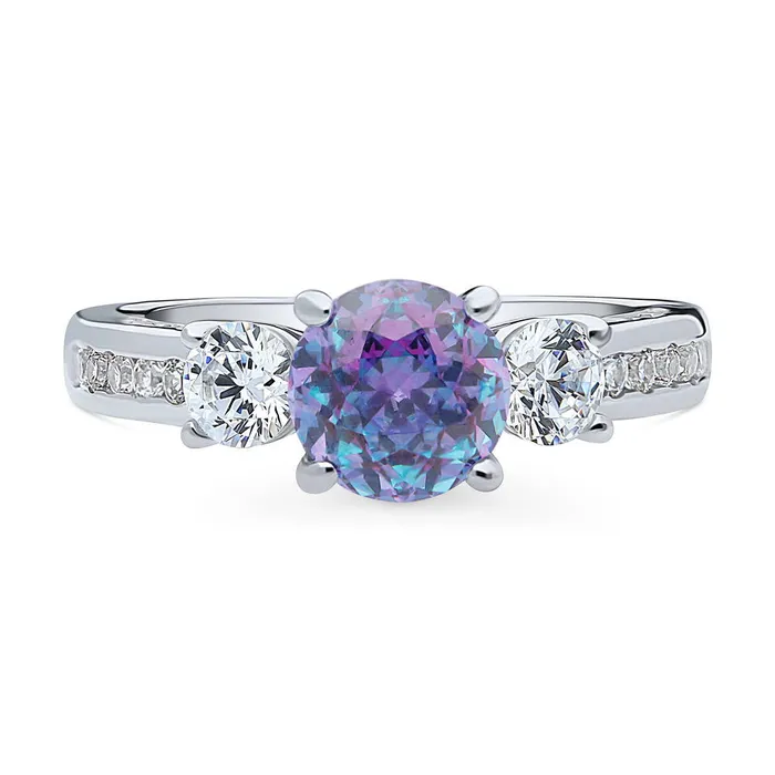 Rings BERRICLE 3Stone Kaleidoscope Purple Aqua CZ Ring in Sterling Silver