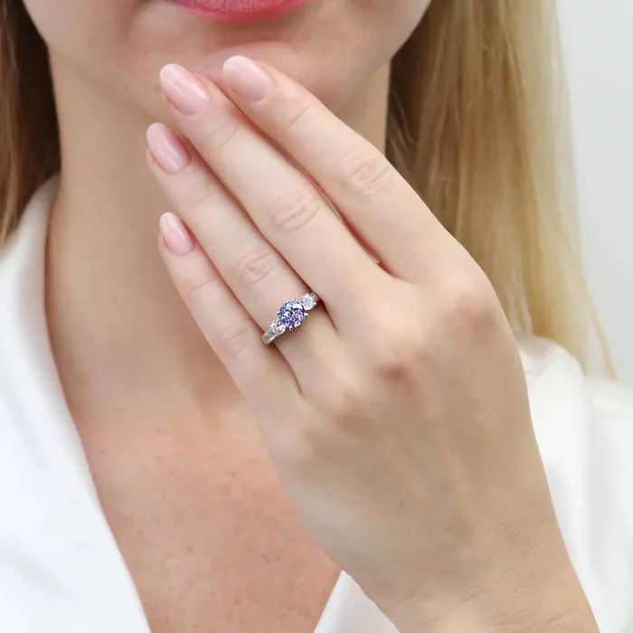Rings BERRICLE 3Stone Kaleidoscope Purple Aqua CZ Ring in Sterling Silver