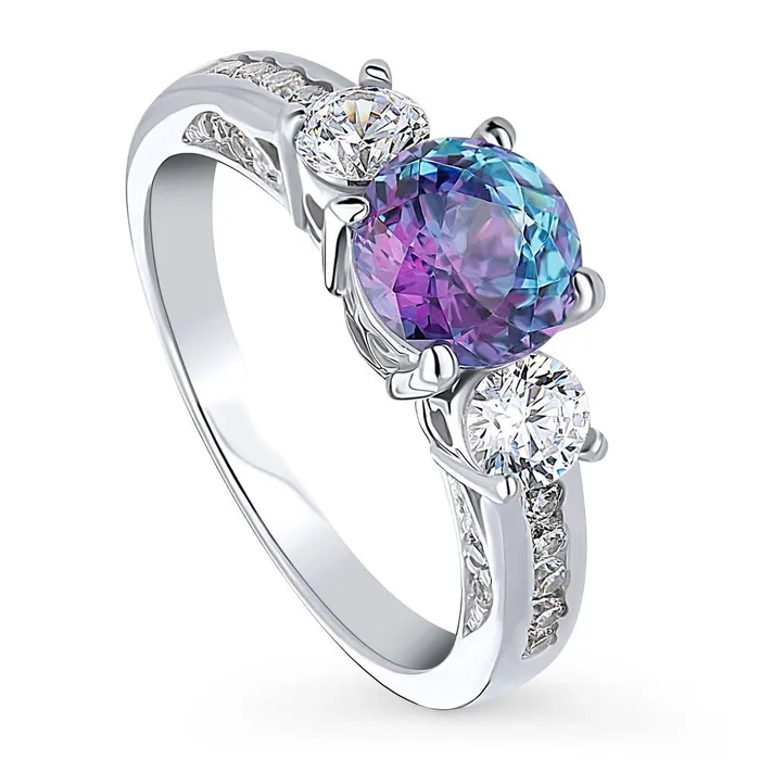 Rings BERRICLE 3Stone Kaleidoscope Purple Aqua CZ Ring in Sterling Silver