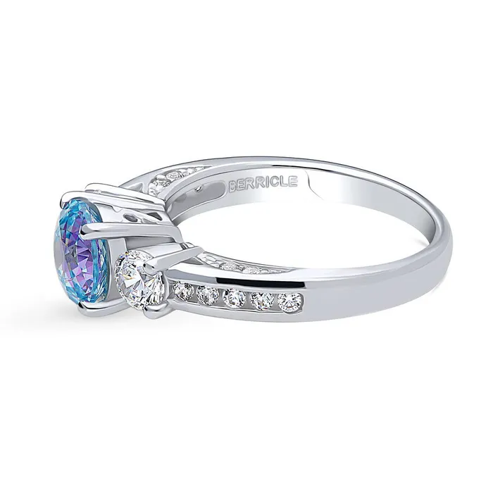Rings BERRICLE 3Stone Kaleidoscope Purple Aqua CZ Ring in Sterling Silver