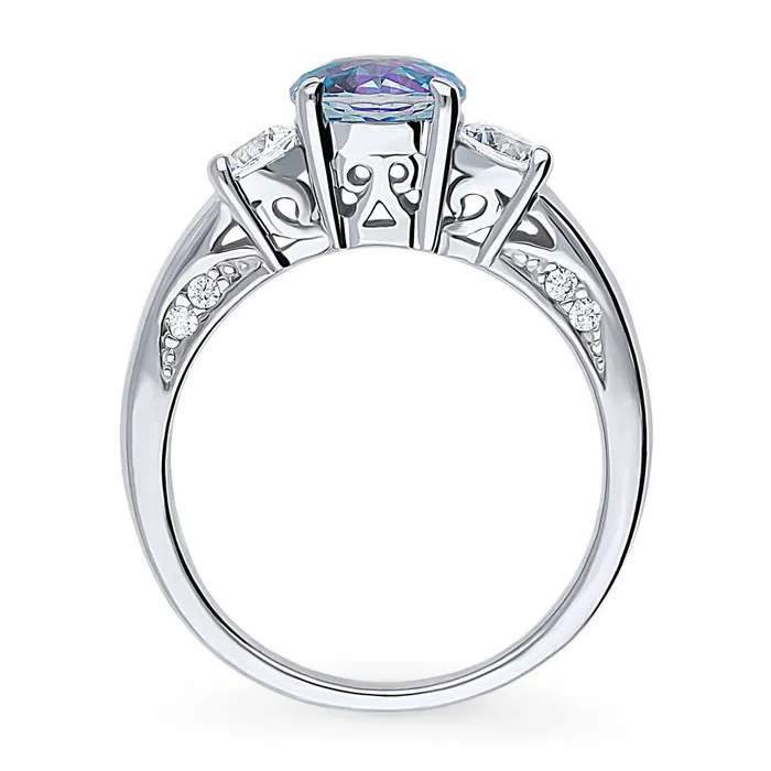 Rings BERRICLE 3Stone Kaleidoscope Purple Aqua CZ Ring in Sterling Silver