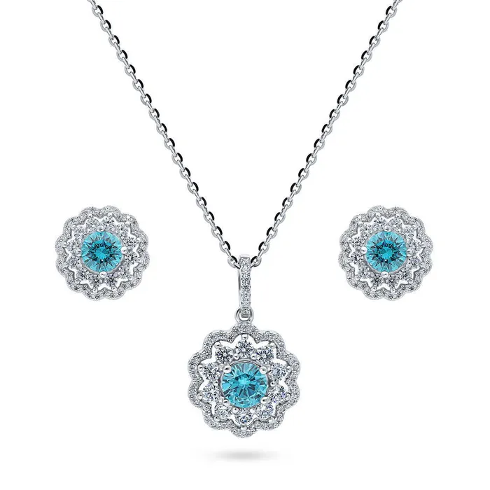 Rings BERRICLE Flower Halo Blue CZ Set in Sterling Silver