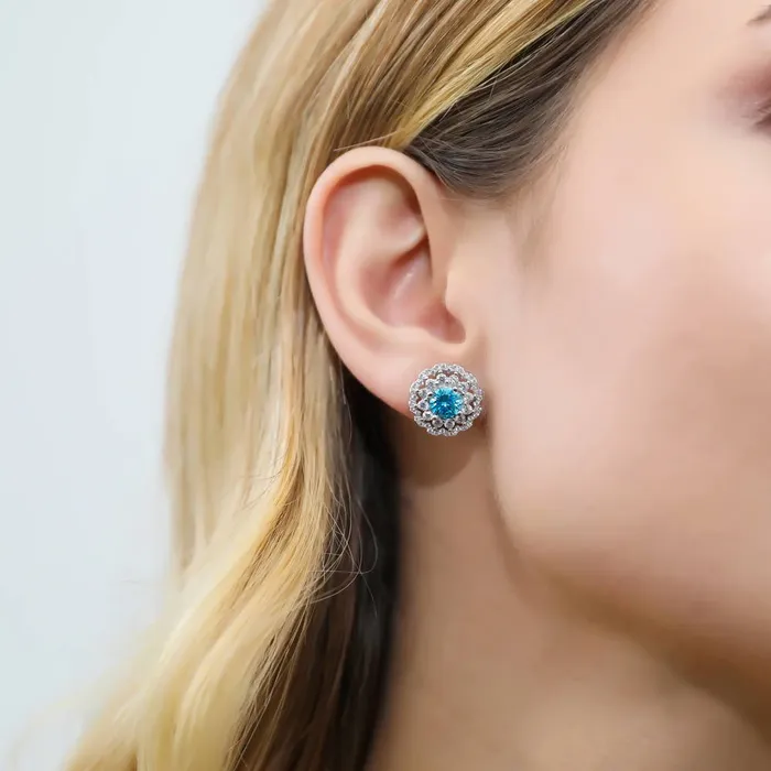 Rings BERRICLE Flower Halo Blue CZ Set in Sterling Silver