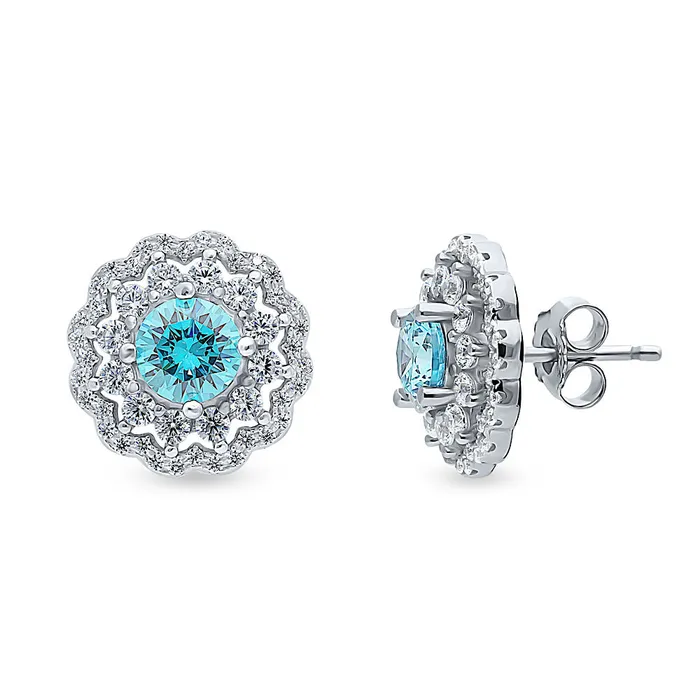 Rings BERRICLE Flower Halo Blue CZ Set in Sterling Silver