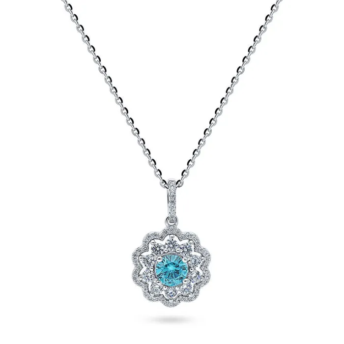 Rings BERRICLE Flower Halo Blue CZ Set in Sterling Silver