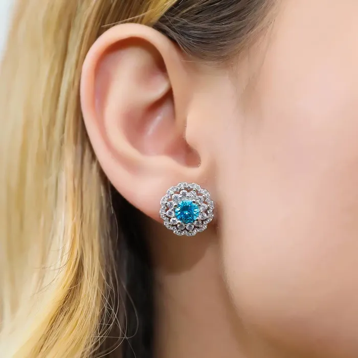 Rings BERRICLE Flower Halo Blue CZ Set in Sterling Silver