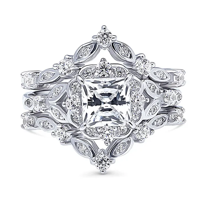 Rings BERRICLE Halo Wishbone Princess CZ Ring Set in Sterling Silver