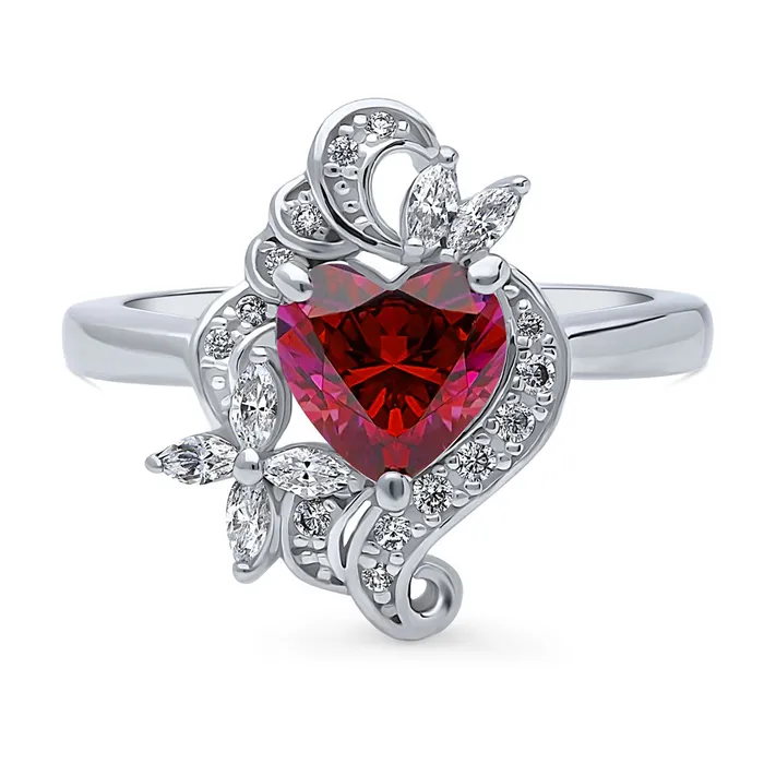 Rings BERRICLE Heart Flower Simulated Ruby CZ Ring in Sterling Silver
