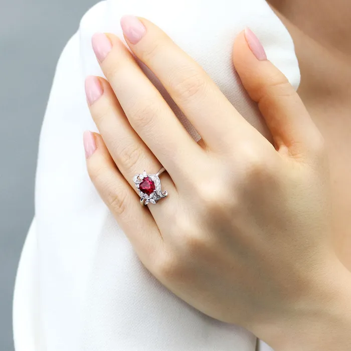 Rings BERRICLE Heart Flower Simulated Ruby CZ Ring in Sterling Silver