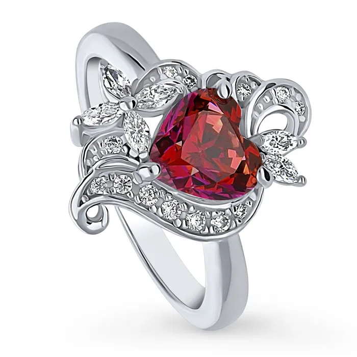 Rings BERRICLE Heart Flower Simulated Ruby CZ Ring in Sterling Silver