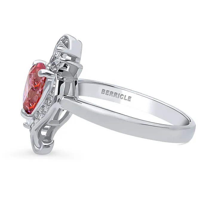 Rings BERRICLE Heart Flower Simulated Ruby CZ Ring in Sterling Silver