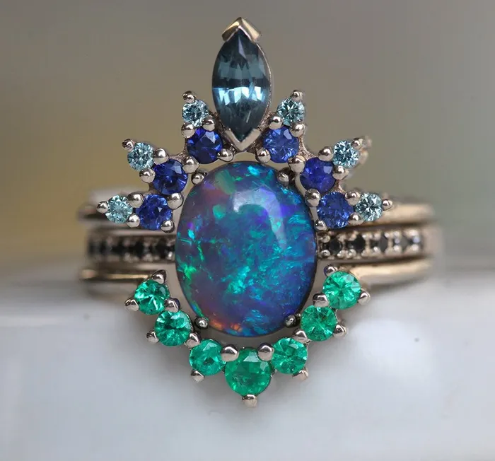 Rings Capucinne Emmeline Black Opal Lagoon Engagement Ring Set