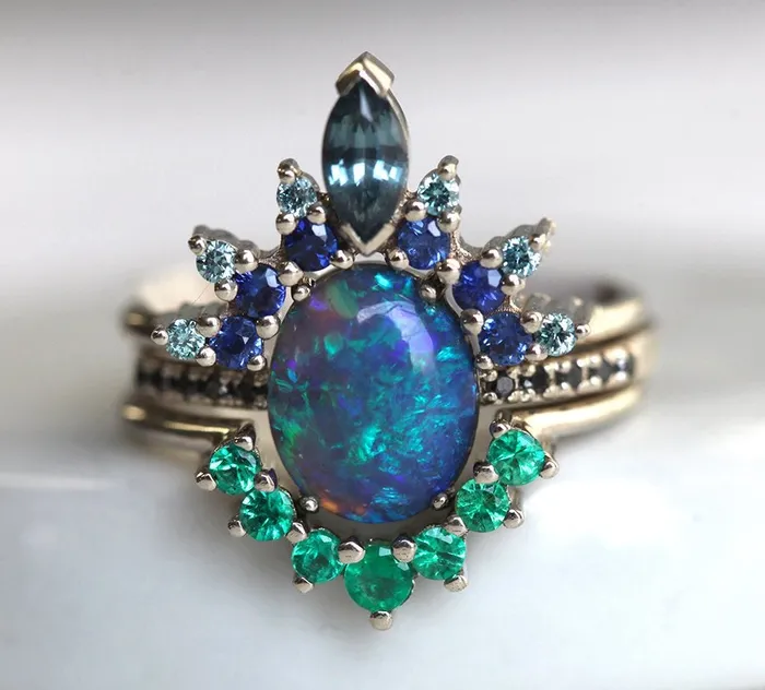 Rings Capucinne Emmeline Black Opal Lagoon Engagement Ring Set