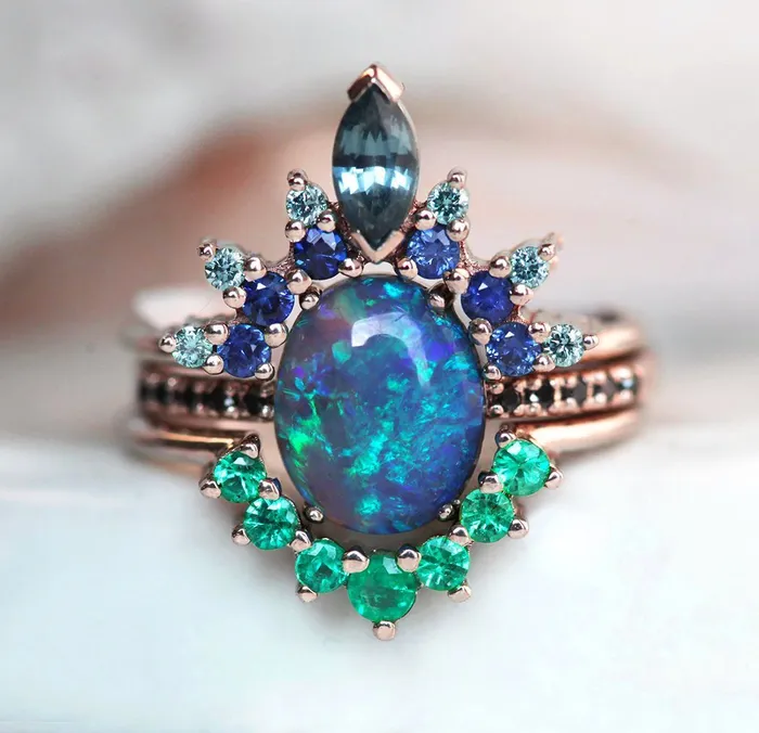 Rings Capucinne Emmeline Black Opal Lagoon Engagement Ring Set