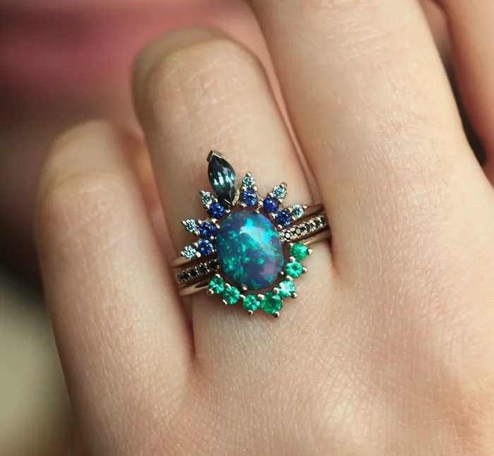 Rings Capucinne Emmeline Black Opal Lagoon Engagement Ring Set