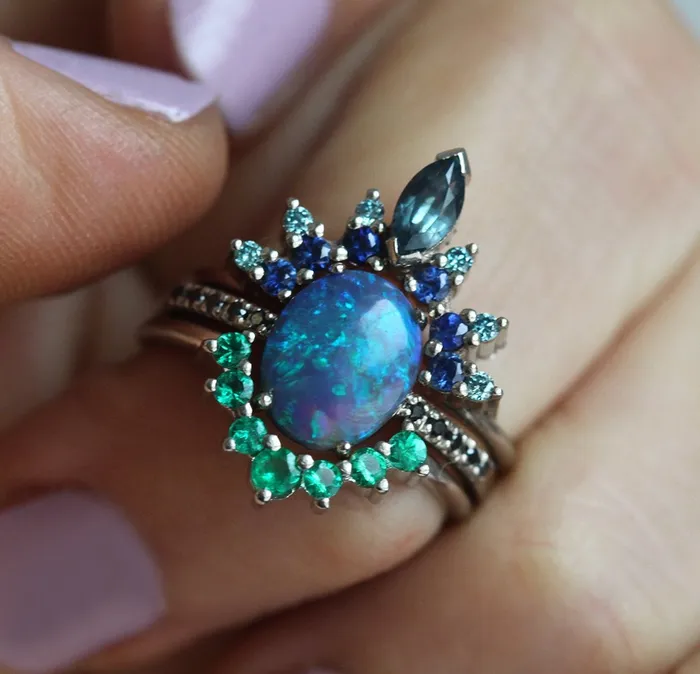 Rings Capucinne Emmeline Black Opal Lagoon Engagement Ring Set