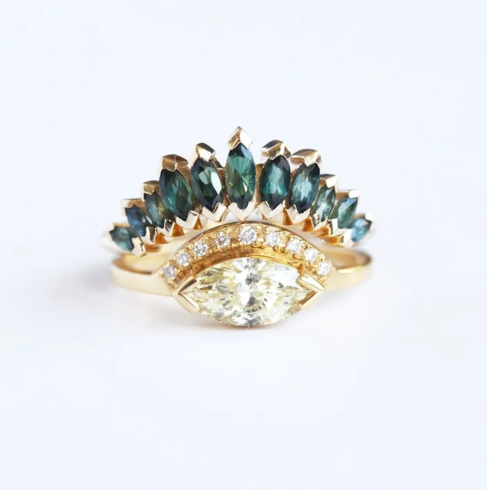 Rings Capucinne Yellow Champagne Diamond Ring with teal sapphire marquise