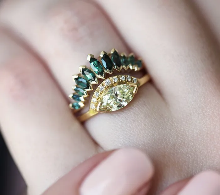 Rings Capucinne Yellow Champagne Diamond Ring with teal sapphire marquise