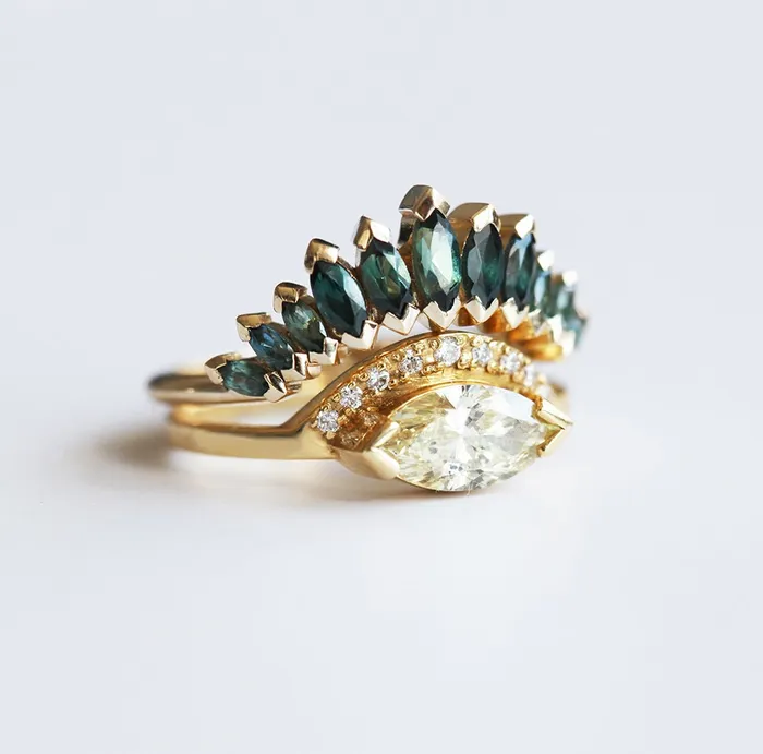 Rings Capucinne Yellow Champagne Diamond Ring with teal sapphire marquise