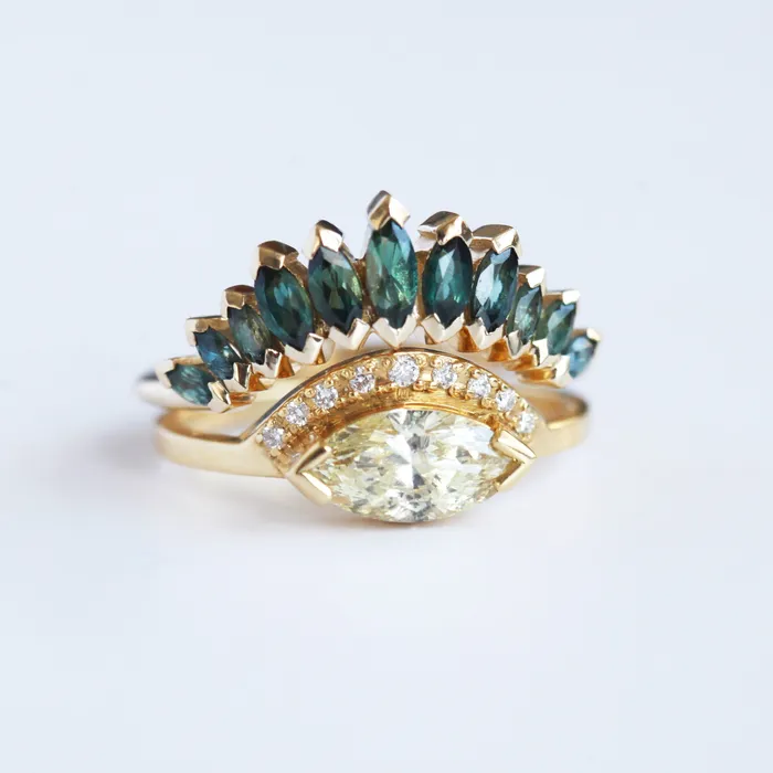 Rings Capucinne Yellow Champagne Diamond Ring with teal sapphire marquise