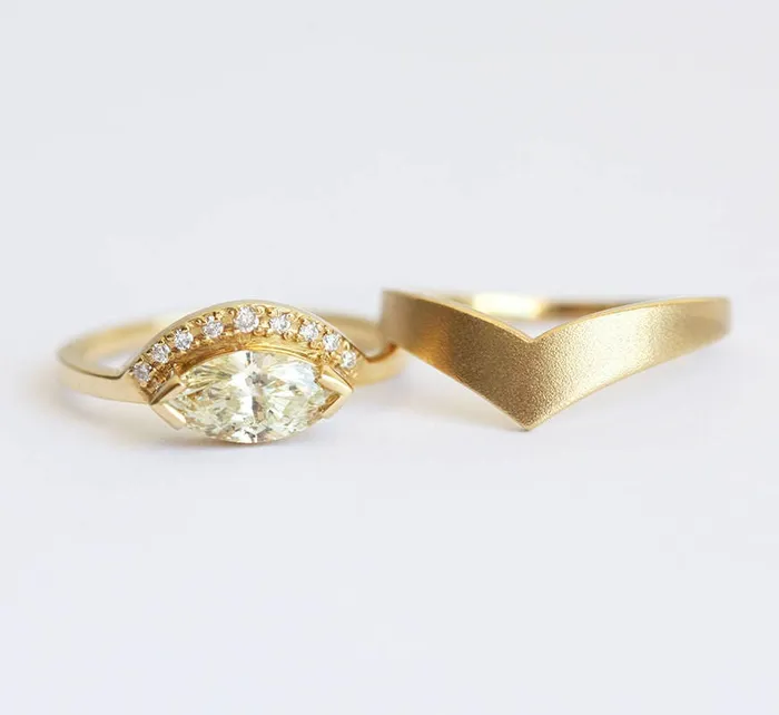 Rings Capucinne Yellow Champagne Diamond Ring with teal sapphire marquise