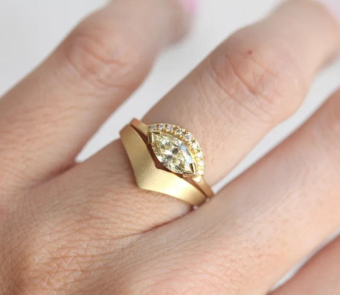 Rings Capucinne Yellow Champagne Diamond Ring with teal sapphire marquise