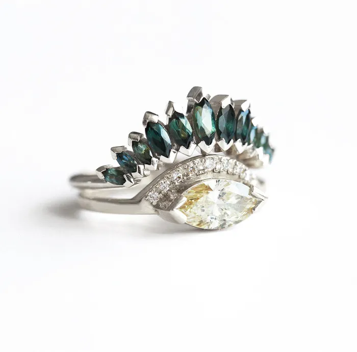 Rings Capucinne Yellow Champagne Diamond Ring with teal sapphire marquise