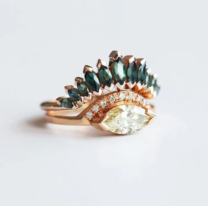Rings Capucinne Yellow Champagne Diamond Ring with teal sapphire marquise