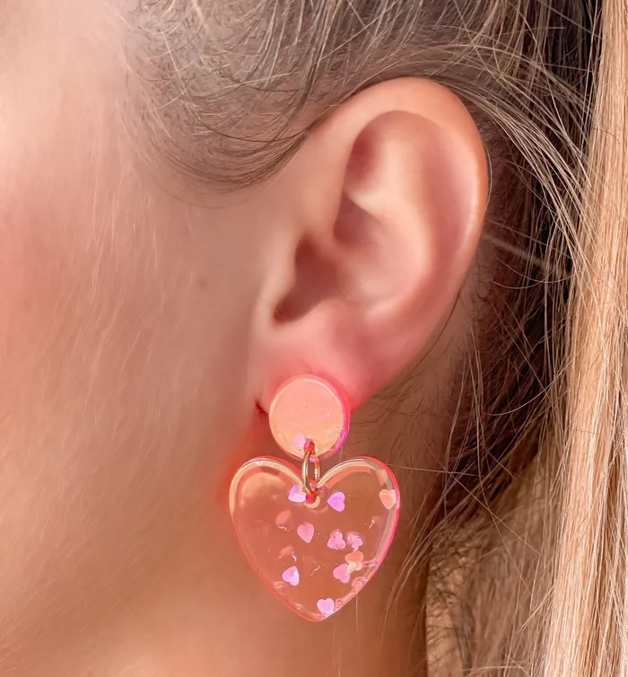 Silver Confetti Heart Dangle Earrings Neon Pink Prep Obsessed FAME Earrings