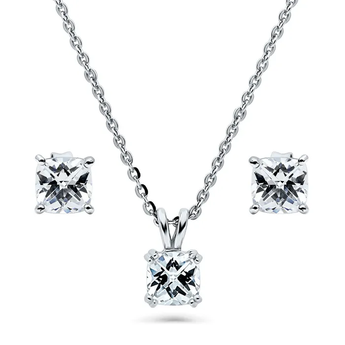 Solitaire Checkerboard Cushion CZ Set in Sterling Silver BERRICLE Earrings