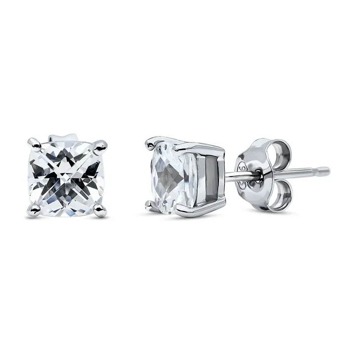 Solitaire Checkerboard Cushion CZ Set in Sterling Silver BERRICLE Earrings