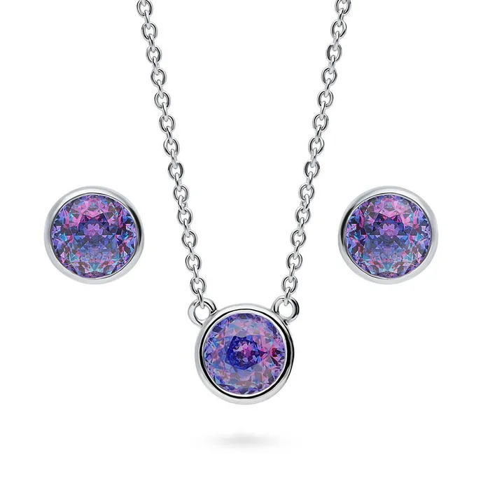 Solitaire Kaleidoscope Purple Aqua CZ Set in Sterling Silver BERRICLE Earrings Solitaire Kaleidoscope Purple Aqua CZ Set in Sterling Silver BERRICLE Earrings