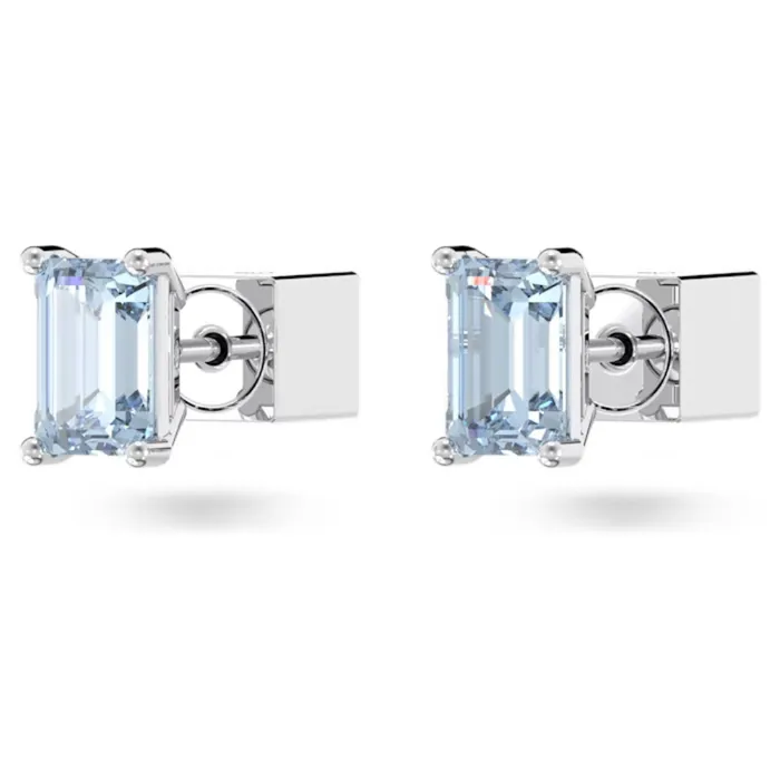 Stilla Stud Earrings Octagon cut Blue Rhodium plated Swarovski Earrings
