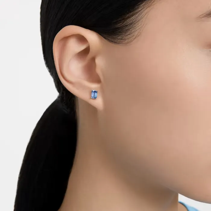 Stilla Stud Earrings Octagon cut Blue Rhodium plated Swarovski Earrings